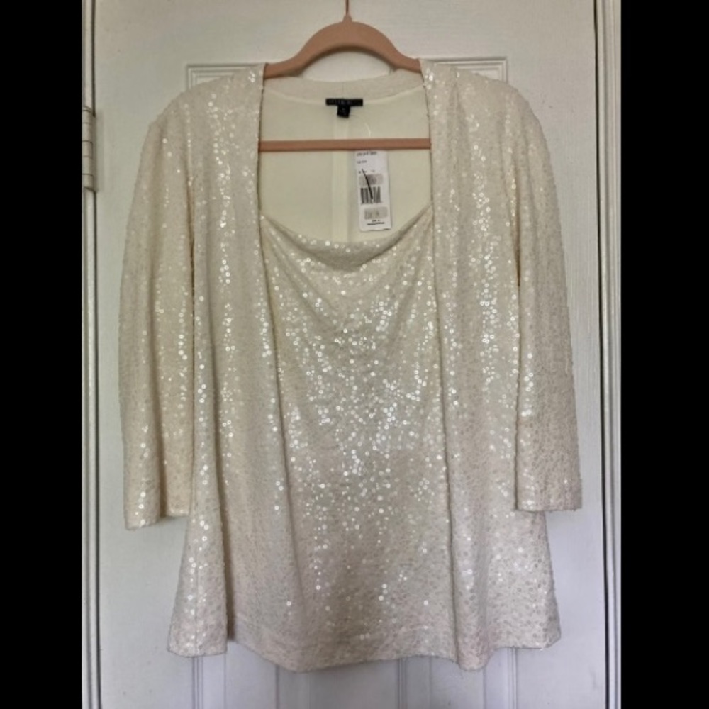 Lafayette 148 New York Cream Sequin Top Blouse 1X